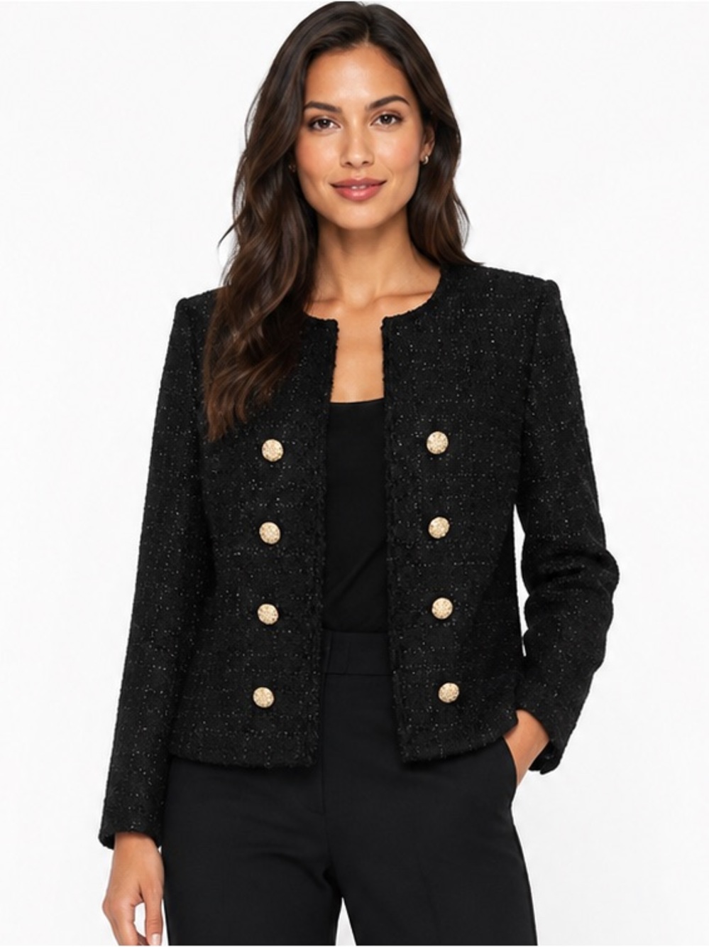 $130 Tahari Tailored Black Double Breasted Tweed Jacket with Gold Buttons NWT